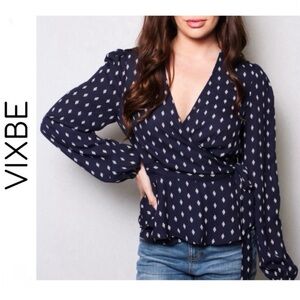 Vixbe Jilee Sheer Wrap Belted V Neck Blouse Navy Blue Geometric Print Sz XL